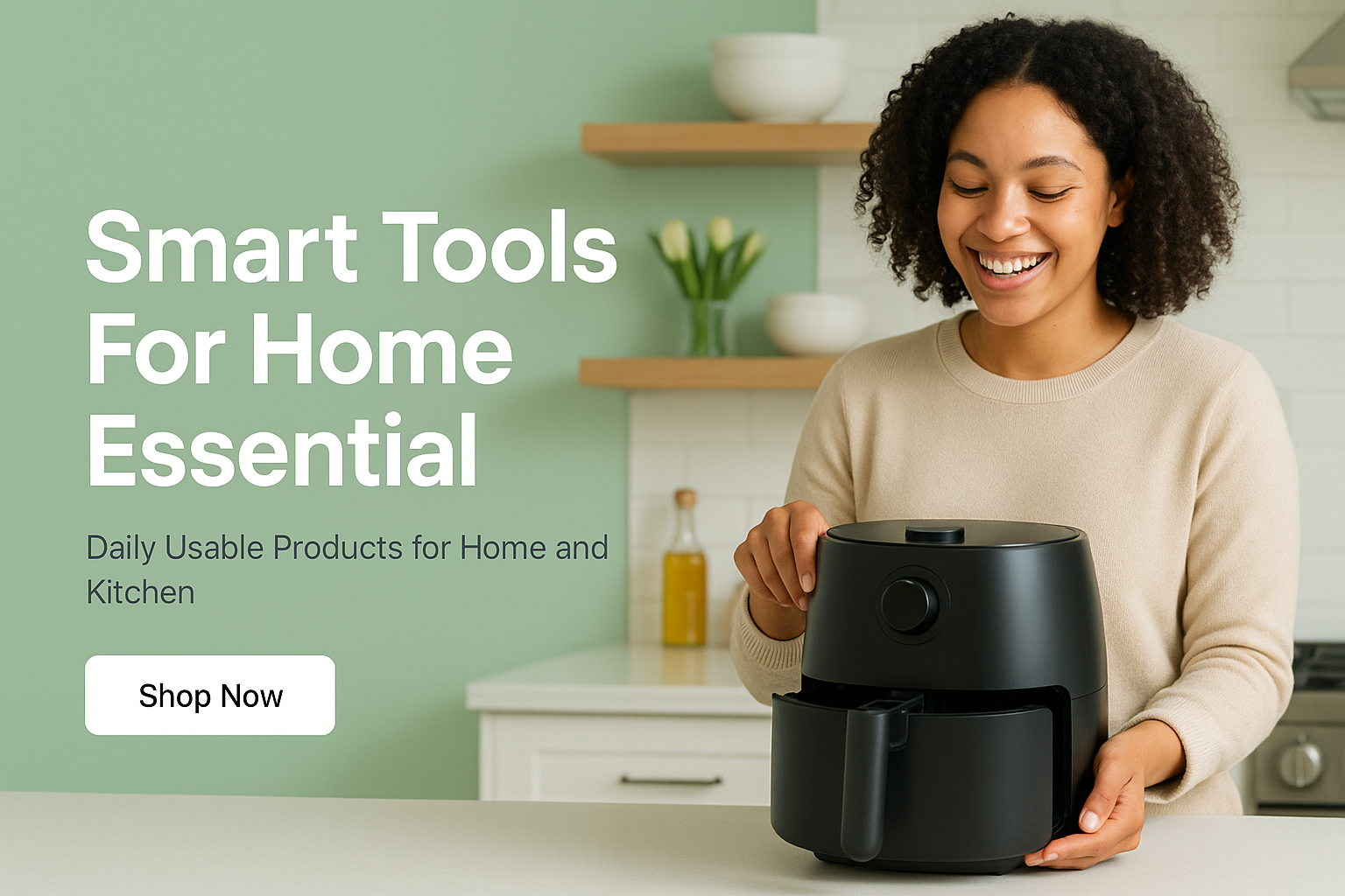 "A modern, clean Shopify hero banner with a light green background theme. Show a bright kitchen scene with a smiling person using a smart kitchen gadget (like an air fryer). Add bold white headline text: 'Smart Tools For Home Essential', with a subheading in smaller text: 'Daily Usable Products for Home and Kitchen'. Include a clear ‘Shop Now’ button in white with black text at the center. The overall style should be fresh, minimalist, and professional — perfect for a Shopify store homepage."
