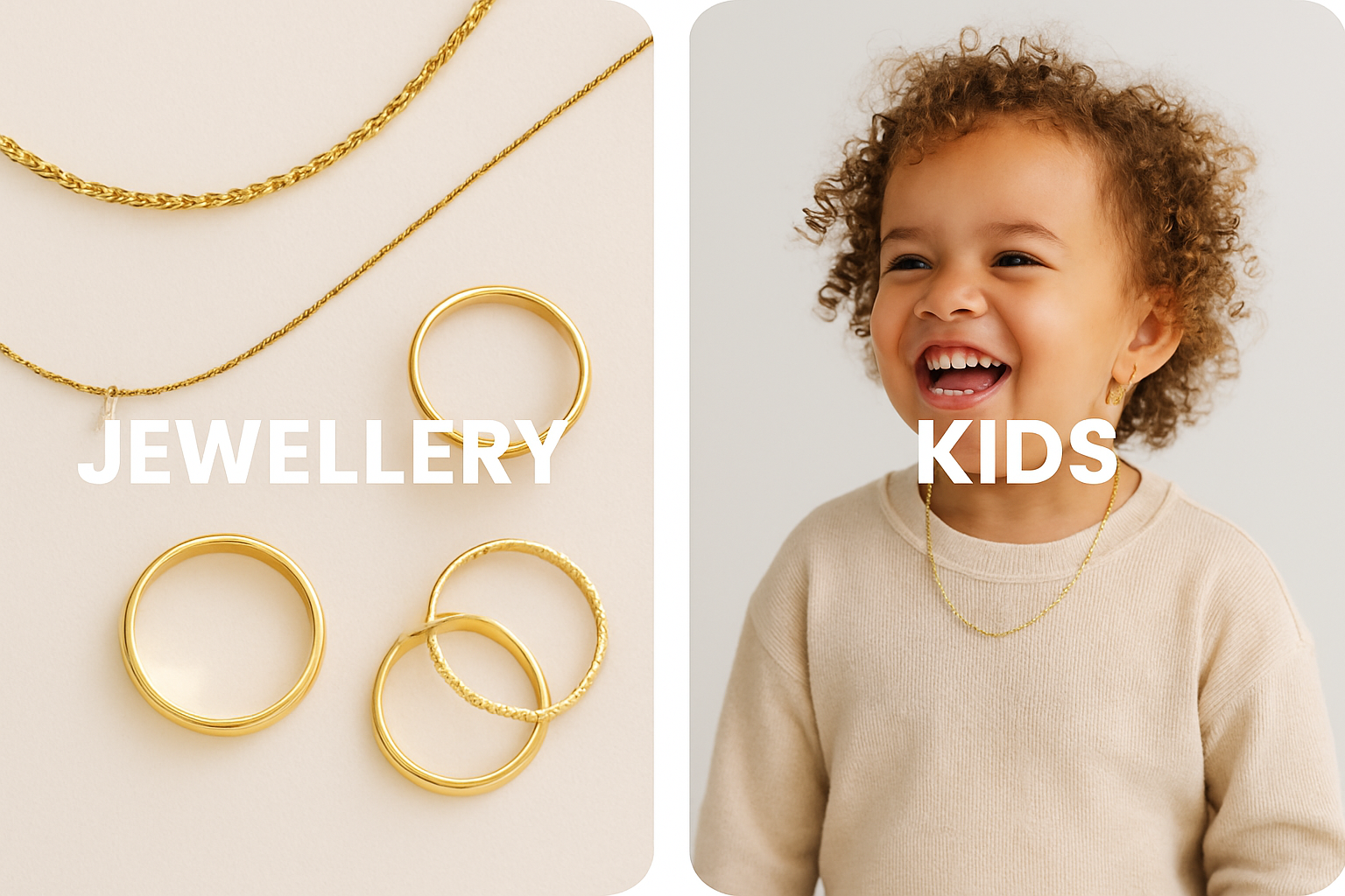 “Create a clean vertical banner (9:19 ratio) for a Shopify store featuring two sections. On the left, display elegant gold jewellery (rings and necklaces) on a soft cream background with the label ‘JEWELLERY’ in bold white text. On the right, show a joyful, smiling child wearing a beige outfit, with the label ‘KIDS’ in white text. Use a minimal, modern layout with rounded image corners and a soft white background. Design should be bright, friendly, and aesthetically clean.”