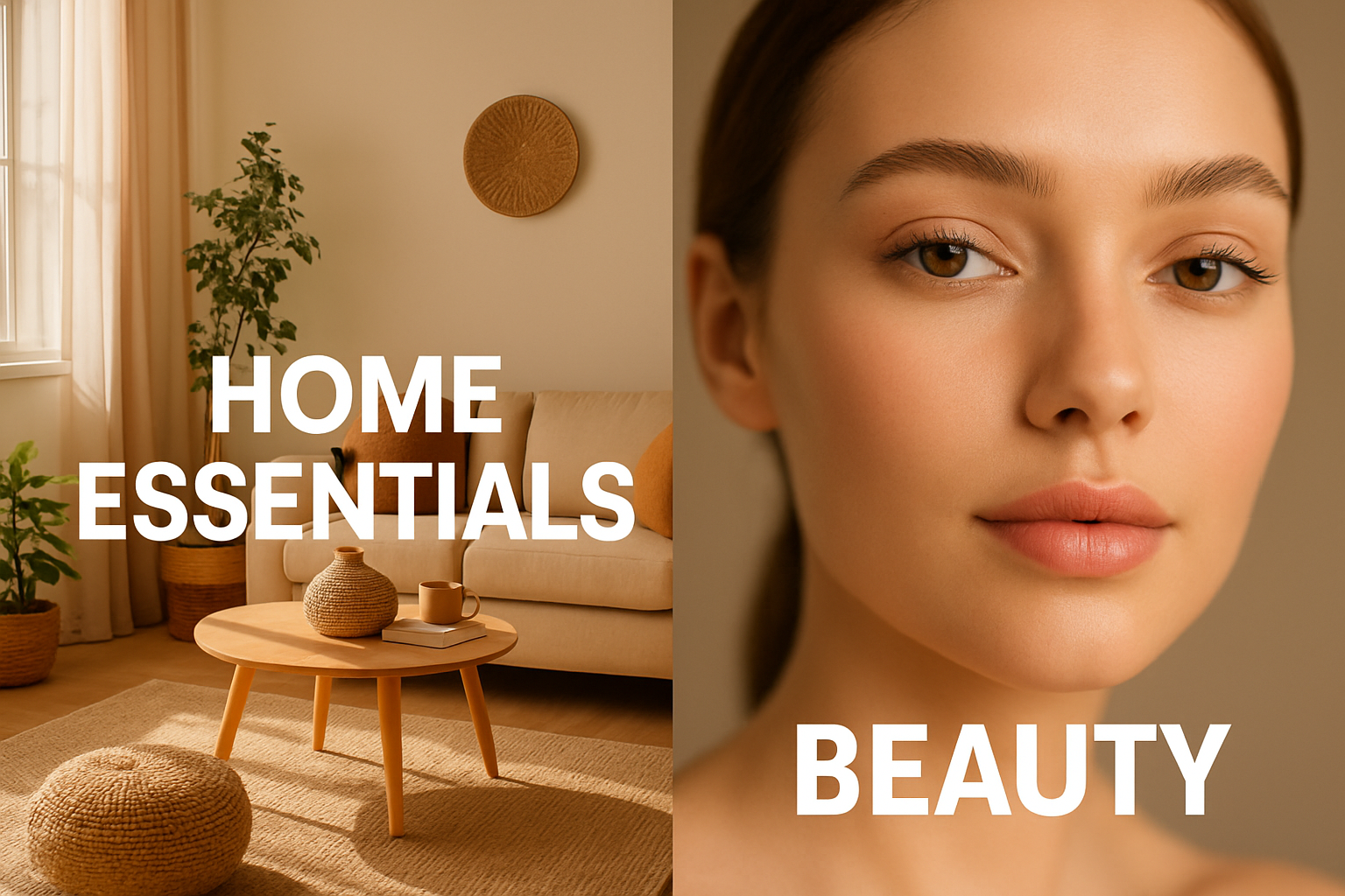 “Split vertical banner in 9:19 ratio showing two sections: left side with a bright, cozy home interior labeled ‘HOME ESSENTIALS’ and right side with a close-up of a woman’s face labeled ‘BEAUTY’. Use bold white text in the center of each section. Clean, minimal style with soft natural lighting.”
