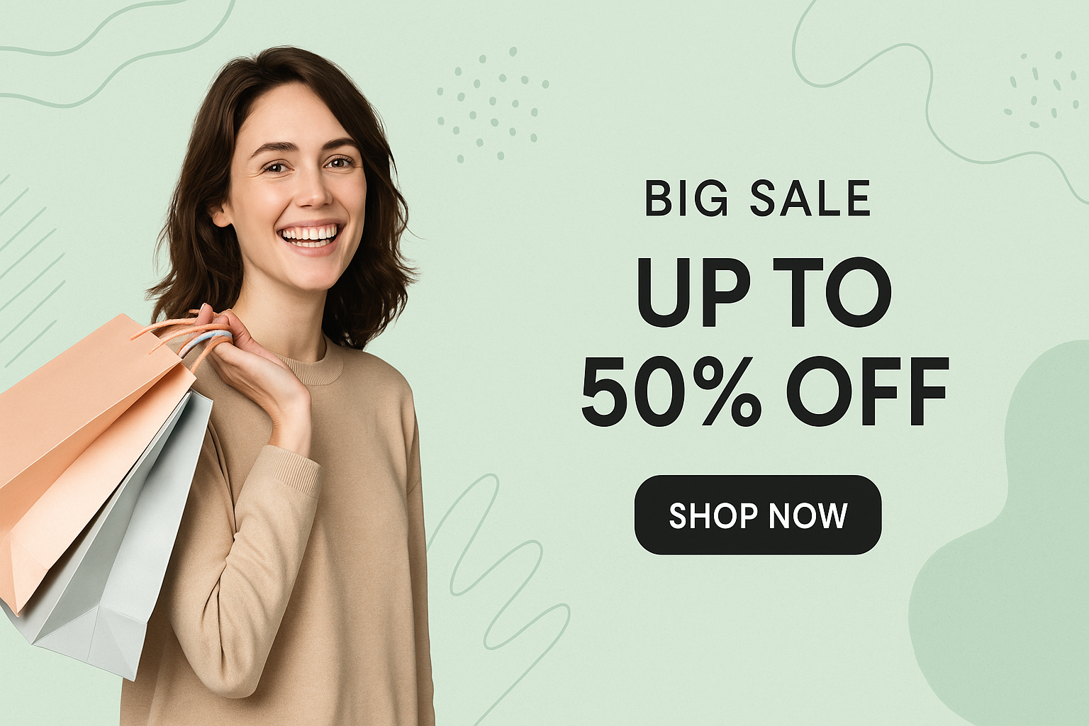 "Wide e-commerce website hero banner design featuring a smiling woman holding shopping bags, modern lifestyle and shopping theme. Clean promotional layout with bold space for offers and discounts. Background in pastel light green with abstract patterns, replacing autumn leaves. Professional, minimal, and premium look, perfectly optimized for Shopify hero banner ratio (16:9, wide format)."
